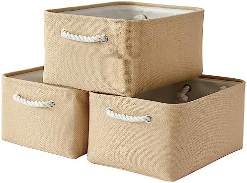 TheWarmHome Organization and Storage Bin for Shelves - Large 3 Pack 16x12x8 inch Storage Basket for Organizing, Canves Storage Cubes for Organizer Toy Closet Cloth Gift (Beige)