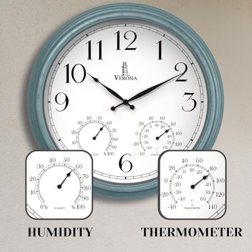 Large Outdoor Patio Clock - Waterproof Thermometer Combo, 18 Inch, Teal