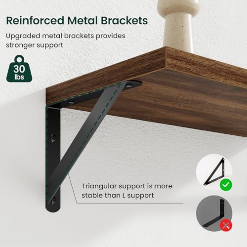 Floating Shelves 8 Inch Deep, 16W x 8D Wall Shelf Set of 2, 35 lbs Heavy Duty Reversible Metal Brackets, Industrial Book Shelf for Living Room Kitchen Bathroom Bedroom Gallery Wall, Walnut