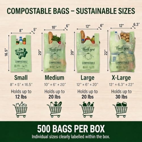 OrangeBio Large Compostable Shopping Bags, 12" x 6" x 20", 500 Count