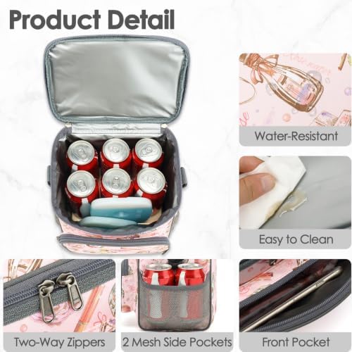 FlowFly Insulated Reusable Lunch Bag Adult Large Lunch Box for Women and Men with Adjustable Shoulder Strap,Front Zipper Pocket and Dual Large Mesh Side Pockets,Rose