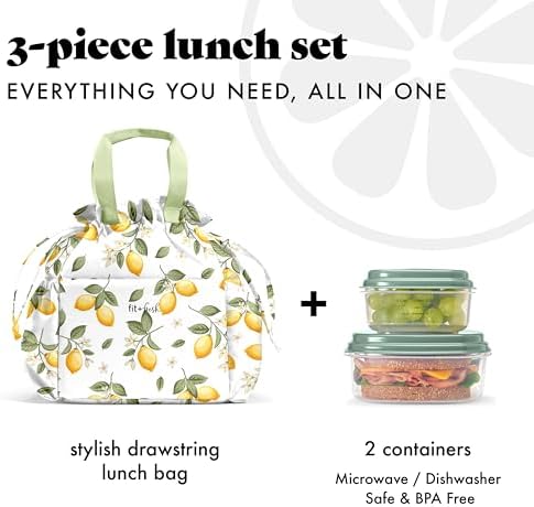 Fit & Fresh Lunch Bag For Women, Insulated Womens Lunch Bag For Work, Stain-Resistant Large Lunch Box For Women With Containers, Cinch Closure Cromwell Bag, Lemons