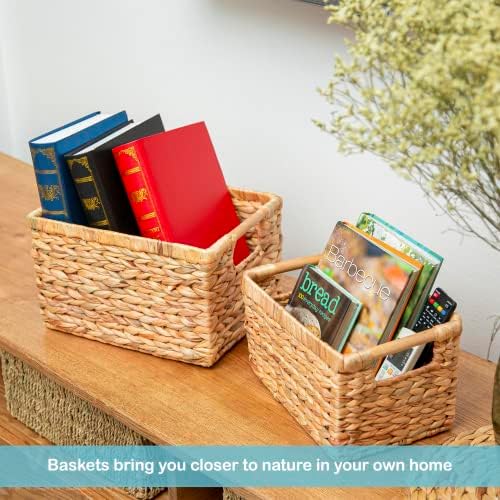 Natural Water Hyacinth storage basket with Handle, Rectangular Organizing Basket for Organizing, Decorative Wicker Storage Bins for Living Room, Medium Wicker Baskets - 3 Pack Medium