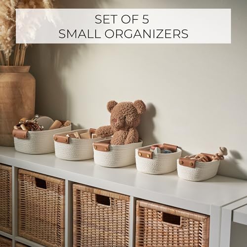 Beautiful Storage Basket Set of 5 - Sturdy Cotton Rope Baskets for Shelves