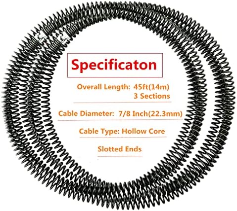 45 Feet x 7/8 Inch Drain Cleaning Cable Hollow Core Cable wIth 5 Cutters