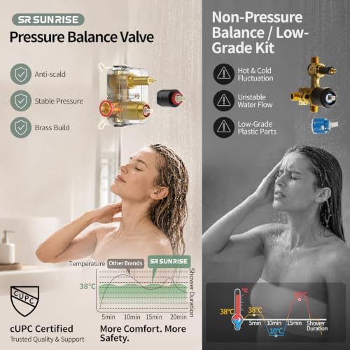 SR SUN RISE Shower Faucet Set 12-Inch Rainfall Shower Head Brushed Gold