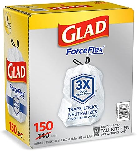 Glad Forceflex Tall Kitchen 13 Gallon Drawstring Trash Bags with Odorshield (150 Ct.)