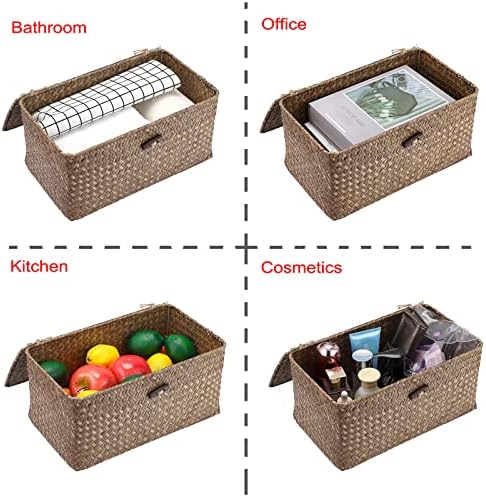 Hipiwe Wicker Shelf Baskets Storage Bin with Lid Handwoven Seagrass Basket