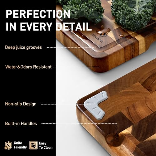 End Grain Cutting Board for Kitchen with Non-slip Feet, Acacia Wood