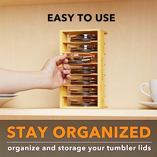 SpaceAid Bamboo Tumbler Lid Organizer for Kitchen Cabinet, Water Bottle Lid Organizer for Cabinet Organization, Cup Mini Lids Organizers Storage Holder for Cupboard Coffee (7-Tier)