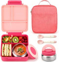 Bento Lunch Box for Girls with 8oz Soup Thermo & Lunch Bag, Leak-Proof Lunch Food Containers with 4 Compartment, Hot Food Insulated Food Jar for Kids School (Pink)
