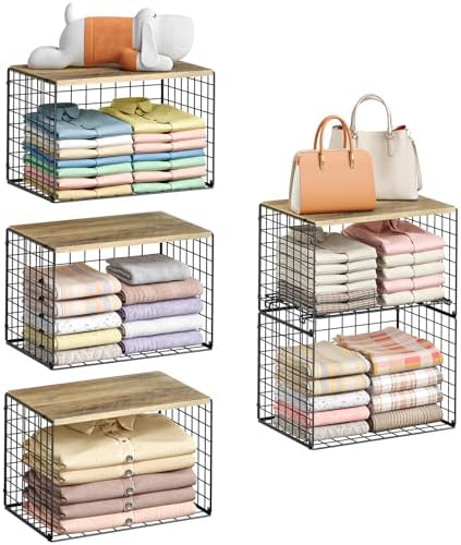 5-Tier Large Stackable Closet Organizer and Storage Basket, Sturdy Closet Shelf Organizer with Wood Top, Stackable Storage Bins Cubes for Clothes with Adjustable Shelf for Wardrobe Organization