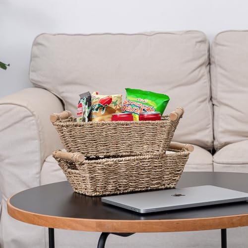 Small Wicker Baskets,small baskets for organizing,wicker storage Basket,small woven basket Seagrass Storage Baskets,Rattan Basket for Shelves Toilet Paper Basket with Handle,4 Pack