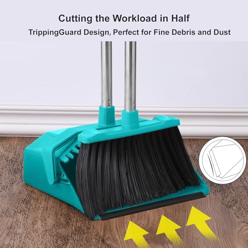 Broom and Dustpan Set for Home, 51" Long Handle Standing Dustpan Blue