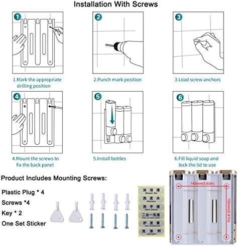 Triple Soap Dispenser Plastic Wall Mount Manual Liquid 3x300ml Shampoo dispensers with Lock for Bathroom (Gold)