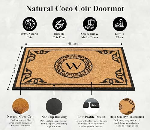 A1HC Natural Coir Monogrammed Doormat for Outside Entrance, Anti-Shed Treated Mats, Heavy Duty Durable EntryMat, Easy to Clean Front Door Mat - W, 30" X 48"