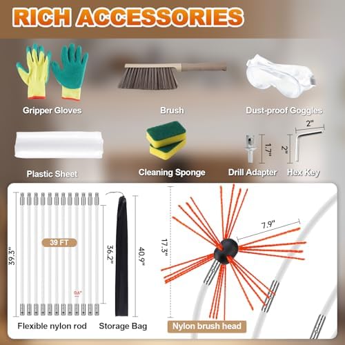 Bluesea 39 Feet Chimney Sweep Kit, Ergonomic Chimney Cleaning System with Strong Brush, Extends Up to 39 Feet, Includes 12 Flexible Chimney Rods