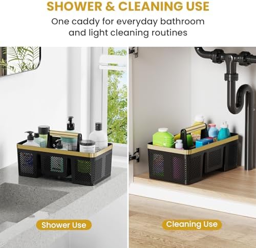 BYUNER Portable Cleaning & Shower Caddy with Handle: Rigid Plastic Basket with 4 Divided Compartments, All-Side Drainage for College Dorm, Bathroom & Utility Use, Black/Gold