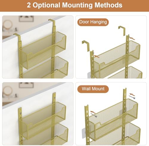 VyGrow Over The Door Organizer, Metal Door Organizer Hanging with 5 Adjustable Baskets and Coat Hook, Behind The Door Storage for Bedroom Closet Bathroom Pantry Cabinet Kitchen, Gold