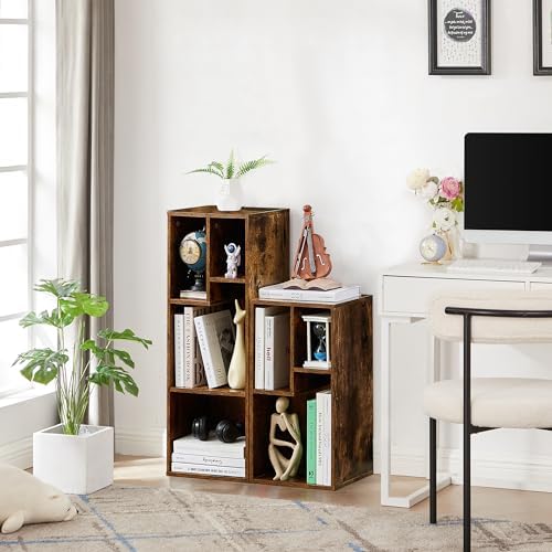 VECELO Narrow Bookshelf Set, Fits 9.3" × 10-12.8" Hardcovers, Cube Storage Bookcases, Free-Standing for Living Room, Bedroom, Home Office, 2/3-Tier, 2-Pack, Brown