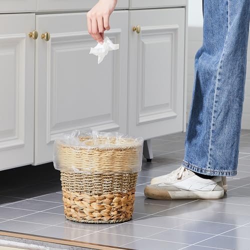 Ctosree 2 Pcs Wicker Trash Can Basket Woven Waste Basket with Lid Bathroom Wastebasket Garbage Bin with 100 Pieces of Trash Bags for Bedroom Farmhouse Home Office Kitchen (Wood Color, Medium)
