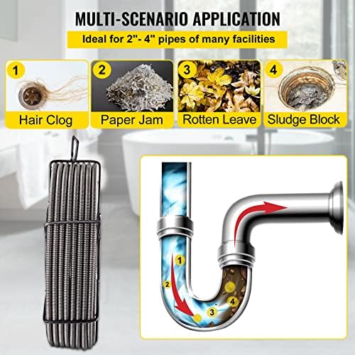VEVOR Drain Cleaning Cable 75ft x 3/8 inch Solid Core Cable Sewer Cable, Drain Auger Cable Cleaner, Snake Clog Pipe Drain Cleaning Cable W/Four Shapes of Cutters