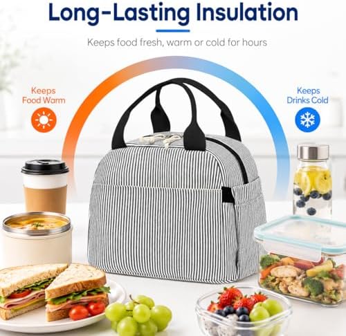 Bluboon Lunch Box for Women Cute Lunch Bag Reusable Insulated Lunch Bags Large Capacity Lunchbox Cooler for Work Picnic or Travel Gifts (Black White Vertical Stripes, 10 x 7.5 x 8 inches)