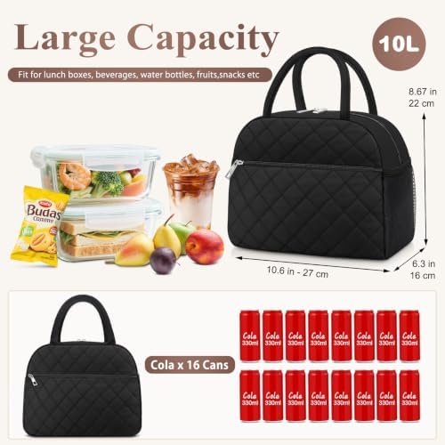 KUBYA Lunch Bag Lunch Box for Women Men Insulated Reusable Large Lunch Tote Bag Adult Leakproof Simple Cooler Bag for Office Work Picnic Beach or Travel, Black