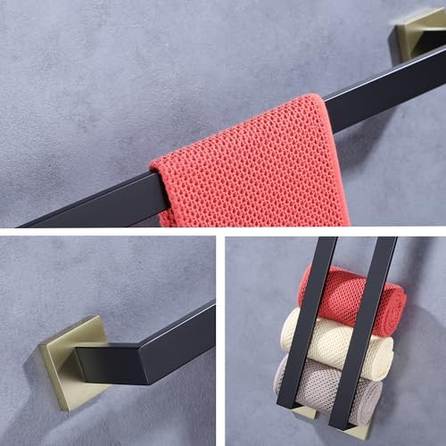 LANC Bath Towel Rack, Matte Black and Gold Towel Rail Bathroom Towel Bar Towel Hanger Square Towel Rod Towel Rail 24-Inche Kitchen Towel Holder Wall Mounted SUS304 Stainless Steel,A8804GK-6P1