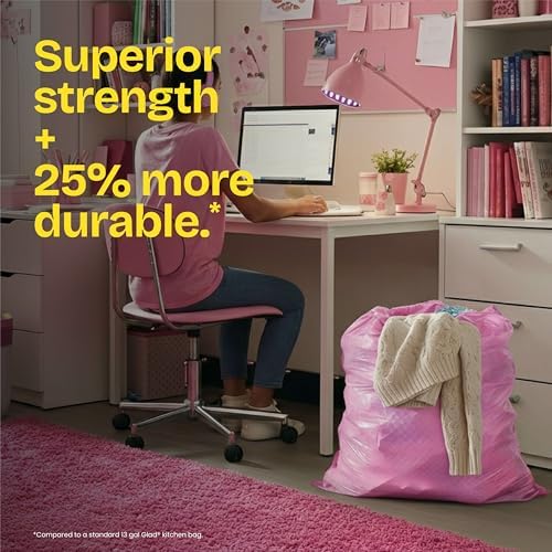 Glad ForceFlex MaxStrength Tall Kitchen Trash Bags, Rip and Tear Resistant, Cherry Blossoms Scented Pink Tall Garbage Bags, Odor Control, Febreze Freshness, 13 Gallon, 90 Count