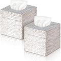 Kigley 2 Pcs Square Rattan Tissue Box Cover Boho Wicker Tissue Cube Box Cover 5.5'' x 5.5'' x 5.5'' Decorative Natural Wicker Hand Woven Napkin Box Holder Bathroom Office Car Accessories (White)