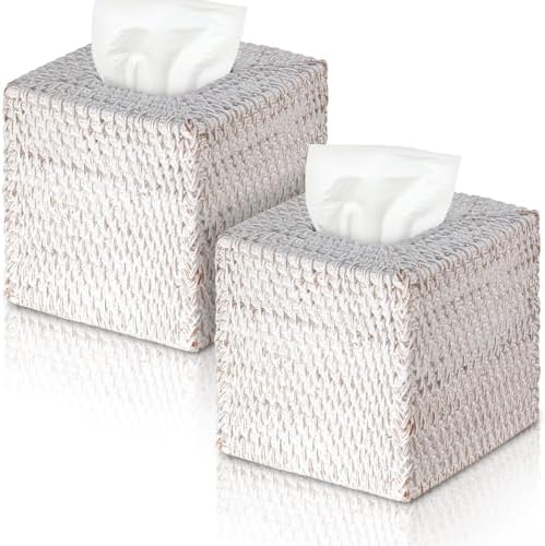 Kigley 2 Pcs Square Rattan Tissue Box Cover Boho Wicker Tissue Cube Box Cover 5.5'' x 5.5'' x 5.5'' Decorative Natural Wicker Hand Woven Napkin Box Holder Bathroom Office Car Accessories (White)