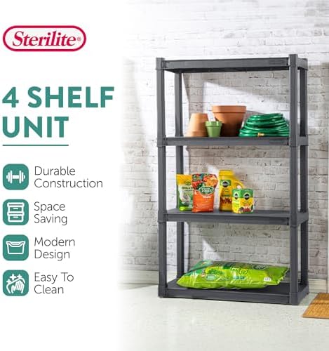 Sterilite 4 Shelf Unit, Heavy-Duty Plastic Storage & Utility Shelving Rack