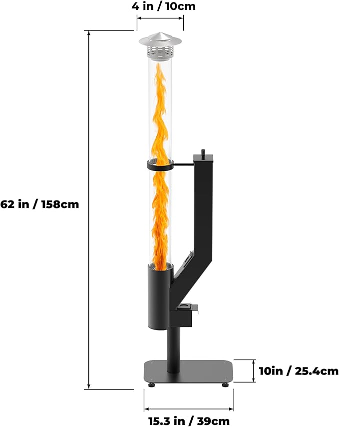 Smokeless Wood Pellet Patio Heater, Spiral Swirling Flame Glass Tube Fire Pit for Patio/Garden/Backyard, Anti-Tip Steel Base with Adjustable Feet, Outdoor Use Only