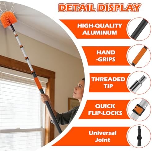 25FT Reach High Ceiling Duster Kits with 5-20FT Adjustable Pole - Includes Extra Long Duster, High Ceiling Duster, Rotatable Window Squeegee & Cobweb Duster for Ceiling Fans and Whole House Cleaning