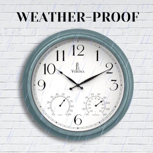 Large Outdoor Patio Clock - Waterproof Thermometer Combo, 18 Inch, Teal
