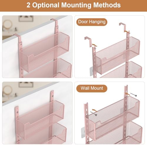 VyGrow Over The Door Organizer, Metal Door Organizer Hanging with 5 Adjustable Baskets and Coat Hook, Behind The Door Storage for Bedroom Closet Bathroom Pantry Cabinet Kitchen, Pink