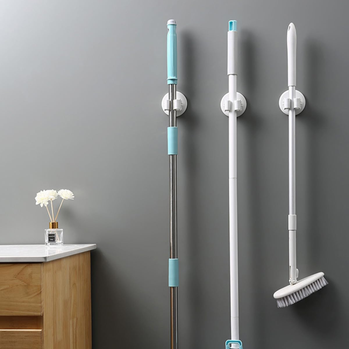 3pcs White Suction Cup Mop Broom Holder Wall