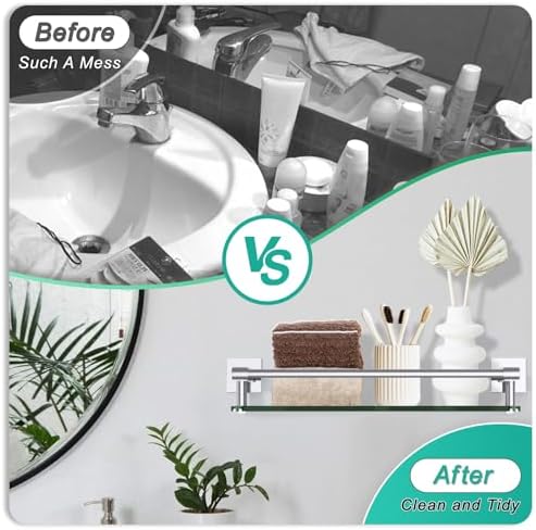 Glass Shelves for Wall, Chrome Stainless Steel & Tempered Glass Glass Shelf for Bathroom, Shelf Sink Over Toilet Bathroom Organizer (16-inch, Polished)