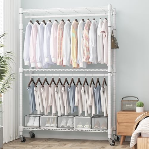 Homdox 3 Tier Heavy Duty Garment Rack with Wheels, Adjustable Wire Clothes Rack with Double Hanging Rods, Portable Closets for Hanging Clothes with Side Hooks, White