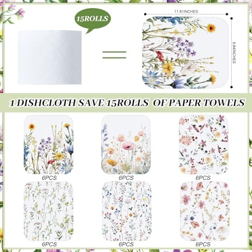 36 Pack Reusable Kitchen Cloths Cotton Towels, Wildflowers