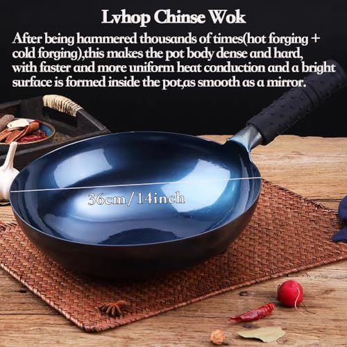 Blue Pre-Seasoned Cast Iron Wok with Lid, Nonstick 14 inch