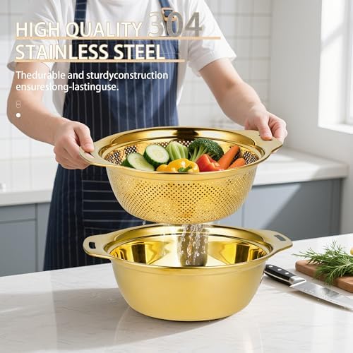 Gulex Colander Stainless Steel 5-quart with Bowls, Strainer Kitchen, Gold