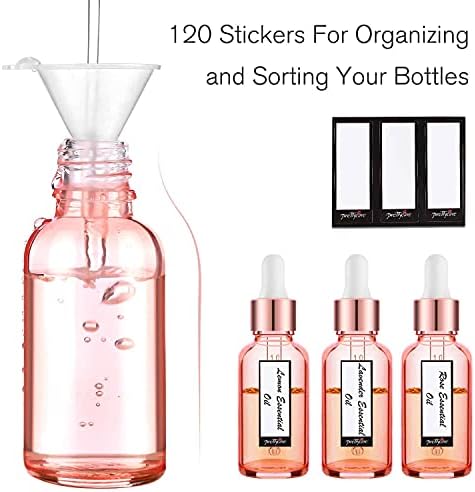 PrettyCare Glass Eye Dropper Bottles 99 Pack, 1oz (30ml) Rose Empty Thick Bottles Bulk with Leakproof Caps - With Labels & Funnels for for Storage, Travel,Essential Oils, DIY Serums