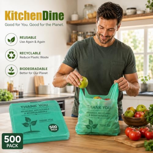 KitchenDine Eco Green Plastic Bags - 500 Count Biodegradable Shopping -Thank You - 22" x 12" Carry Out Bags. (500)