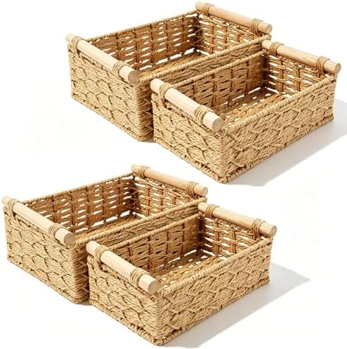 4Pcs Bathroom Basket Organizer,Toilet Basket Tank Topper with Wood Handle Decorative Toilet Tank Bin,Back of Toilet Organizer,Decorative Paper Rope Basket for Home Bedroom Living Room Bathroom ﻿