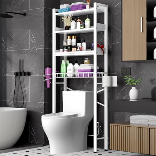Over The Toilet Storage Cabinet,4 Tier Bathroom Organizer and Storage With Adjustable Shelf Waterproof Feet Pad and Basket Multifunctional Space Saver Freestanding Bathroom Shelves With Dividers White