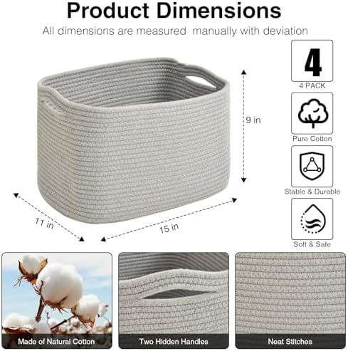 ICERZCZ Woven Cotton Rope Storage Baskets for Organizing & Shelves, Organization Bins for Dog Toys, Clothes, Books, Nursery Organizer, 15"x11"x9", Grey (4 Packs)
