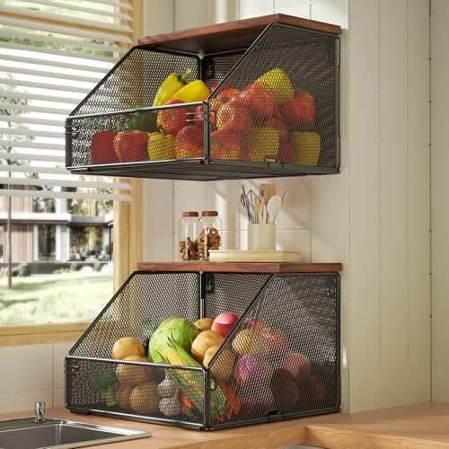Stackable Fruit Basket for Kitchen Countertop Space Saving, Wall Mounted Mesh Metal Wire Basket with Wood Lid Extra Storage, 2 Pack Kitchen Counter Organizer for Snack, Onion and Potato Storage, Black