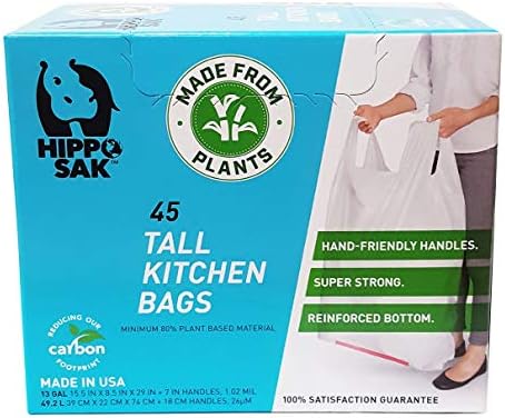 Hippo Sak - Plant Based Tall Kitchen Garbage Bags with Ergonomic Handles - 13 Gallon Trash Bags - Recyclable & Eco Friendly - Super Strong and Leak Proof Tall Kitchen Trash Bags (45 Count)